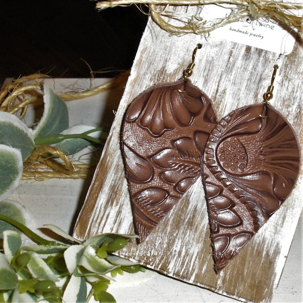 Brown Tooled Genuine Leather Earrings